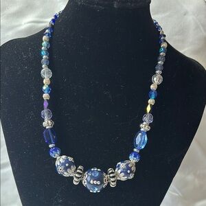 Hand Crafted Blue and Silver Necklace with Crystal Beads